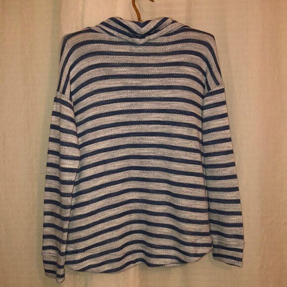 DB Sunday M Gray Blue Striped Drawstring Cowlneck Knit Terrycloth Inner Pullover - Picture 2 of 14